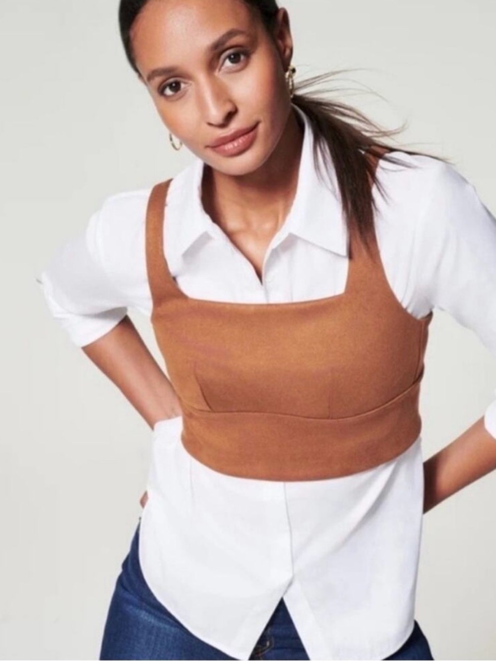 SPANX Longline Square Neck Bralette Cropped Square-Neck in Camel Large